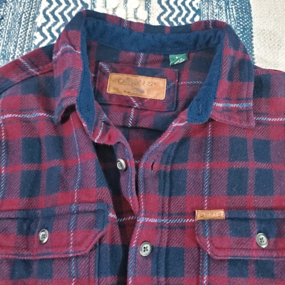 New ORVIS Thick Burgundy + Blue Premium Plaid Flannel Over Shirt - Picture 4 of 15